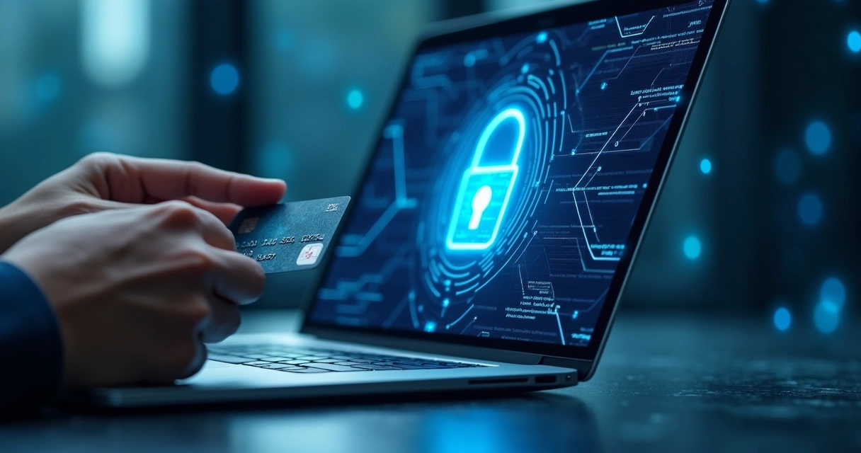 Mãos segurando um cartão de crédito em frente a um laptop com tela de segurança digital e cadeado 