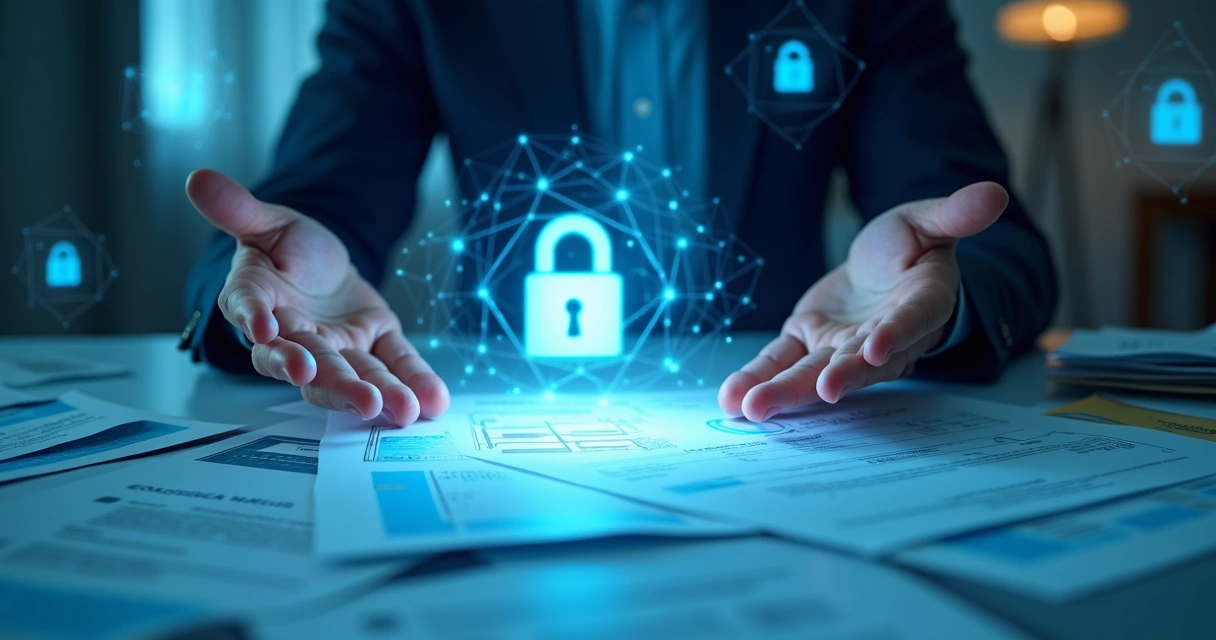 Ilustração de mãos digitais protegendo cartões bancários em mesa de escritório
