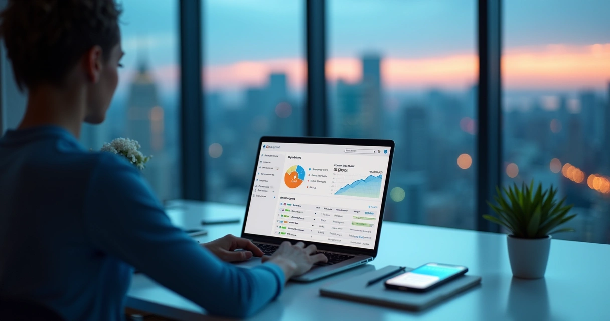 Profissional analisando painel de segurança de pagamentos online no notebook 