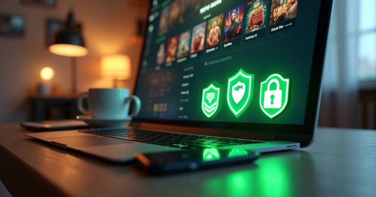 Computador mostrando plataforma de cassino online segura com ícones de escudo, cadeado e logo Pix para pagamentos rápidos 