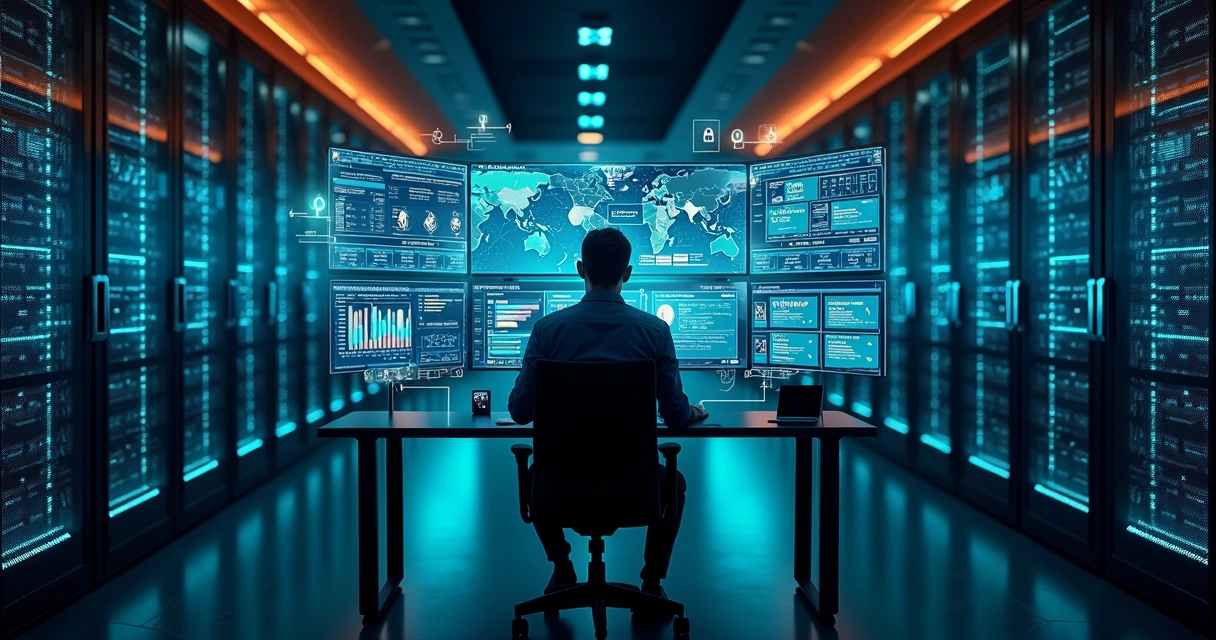 Profissional de tecnologia monitorando segurança de pagamentos digitais em data center 