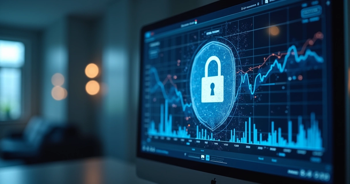 Painel financeiro protegido por ícone de cadeado e escudo