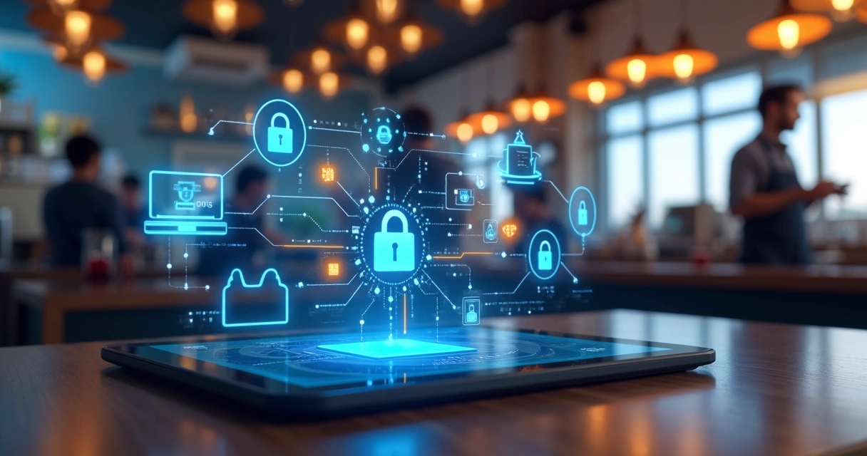 Interface de sistema PDV em tablet com ícones de cadeado e alertas digitais
