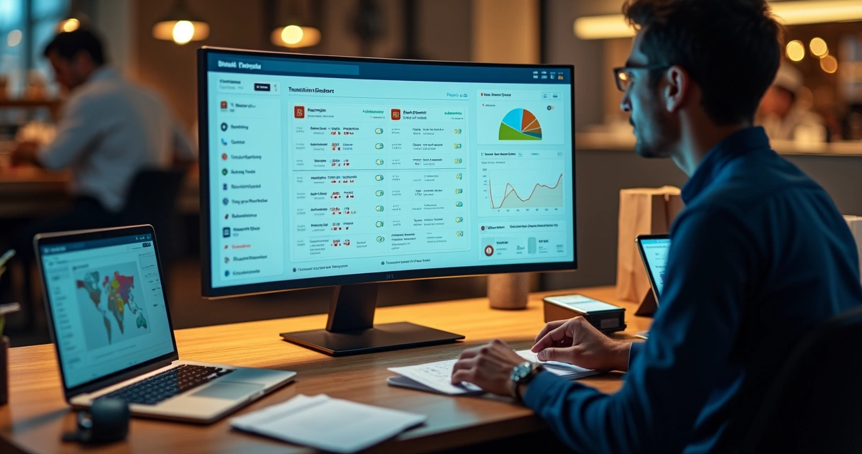 Gerente de restaurante monitora pedidos online com alertas de segurança na tela 