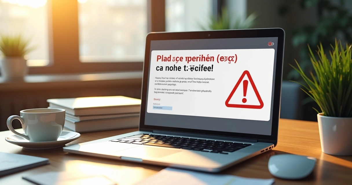 Computador de escritório com alerta de e-mail fraudulento na tela, ambiente corporativo de pequena empresa