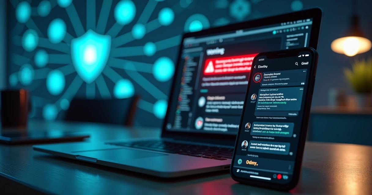 Computador e celular exibindo alertas de segurança contra phishing nas mídias sociais e aplicativos de mensagens 