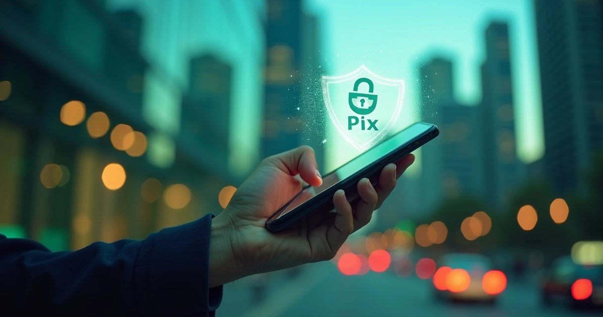 Mão segurando celular com escudo de segurança sobre tela Pix