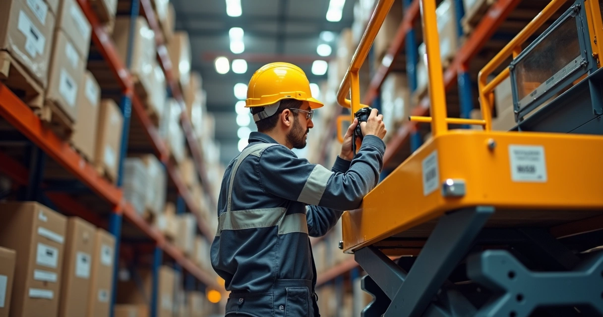 Técnico realizando inspeção em plataforma tipo tesoura instalada em galpão