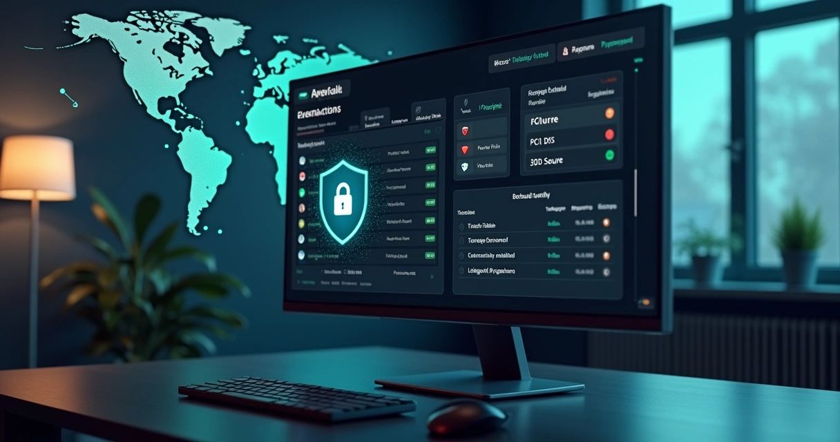 Painel de plataforma de pagamentos com ícones de segurança e análise antifraude 