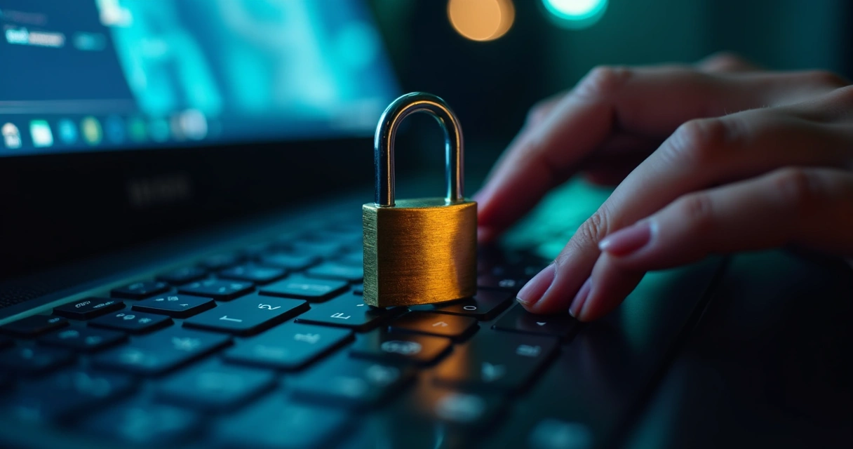 Cadeado dourado brilhante sobre teclado de computador escuro com mãos femininas ao fundo 