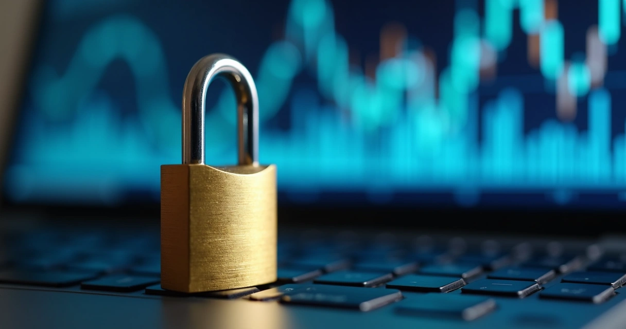 Cadeado dourado sobre teclado digital e fundo de gráficos 