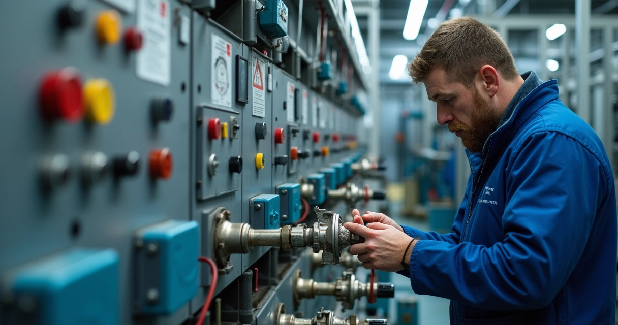 Operador em ambiente industrial ajustando válvula pneumática com dispositivos de segurança NR-12 