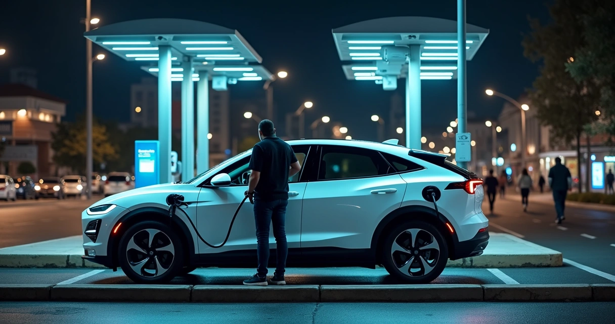 Pessoa conectando veículo elétrico em ponto de recarga seguro e iluminado 