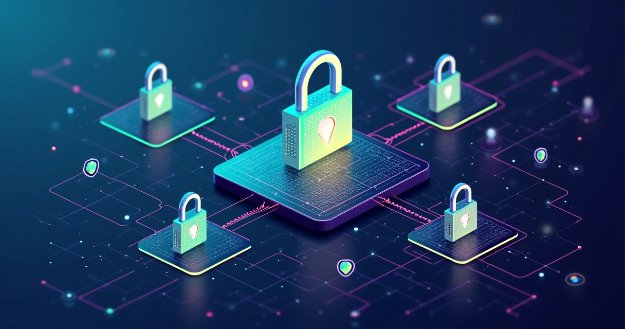 Símbolos de criptografia protegendo dados em uma rede digital 