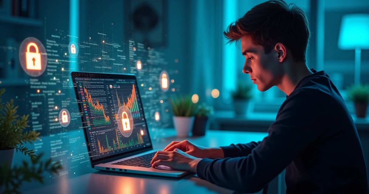 Pessoa usando notebook com gráficos de previsões protegidos por ícones de cadeado e escudo digital 