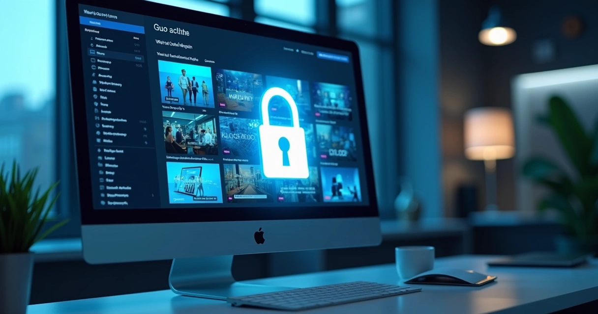 Tela de computador mostrando painel de anúncios personalizados com cadeado digital em destaque simbolizando privacidade e segurança de dados 