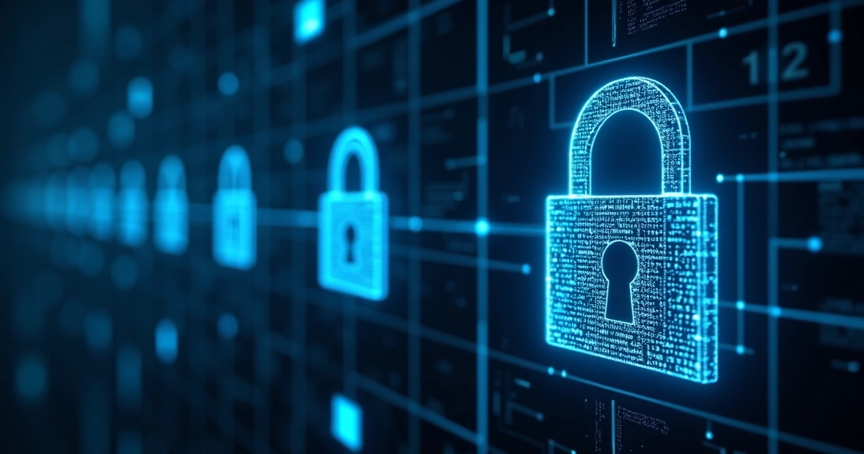 Ícones de cadeado, escudo e dados criptografados em azul com fundo escuro tecnológico 