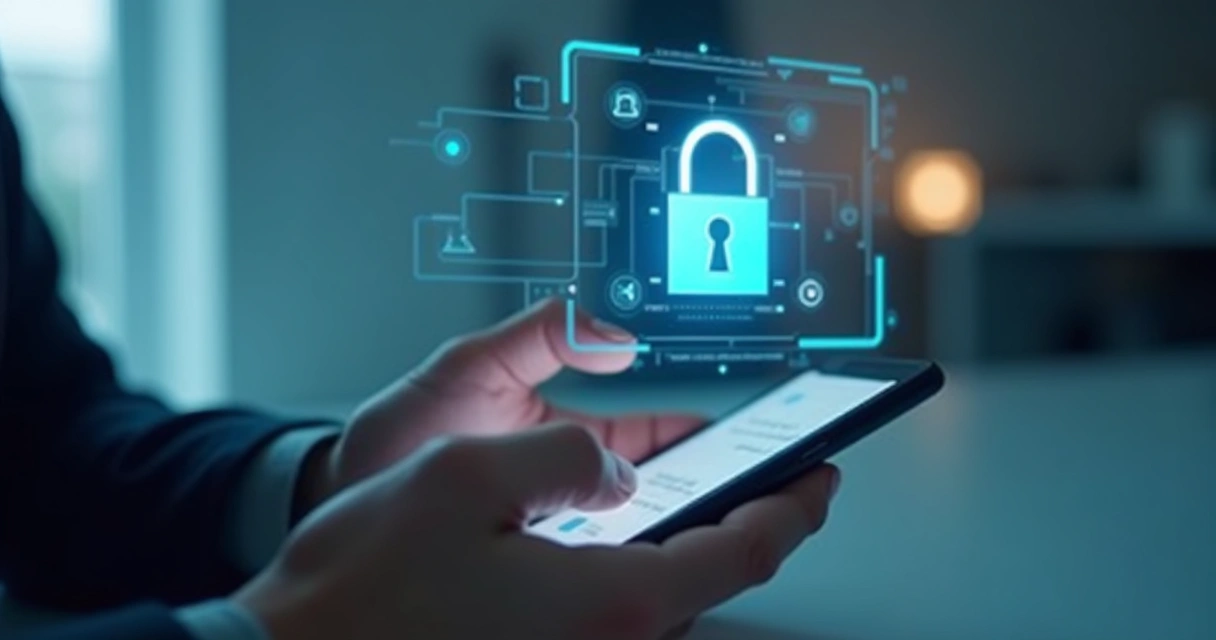 Ícone de cadeado digital em smartphone com tela do app de mensagens 