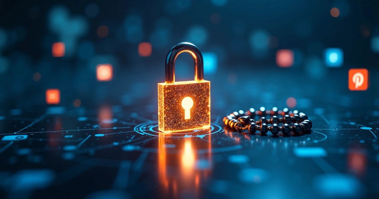 Representação de segurança digital com símbolos católicos ao fundo 