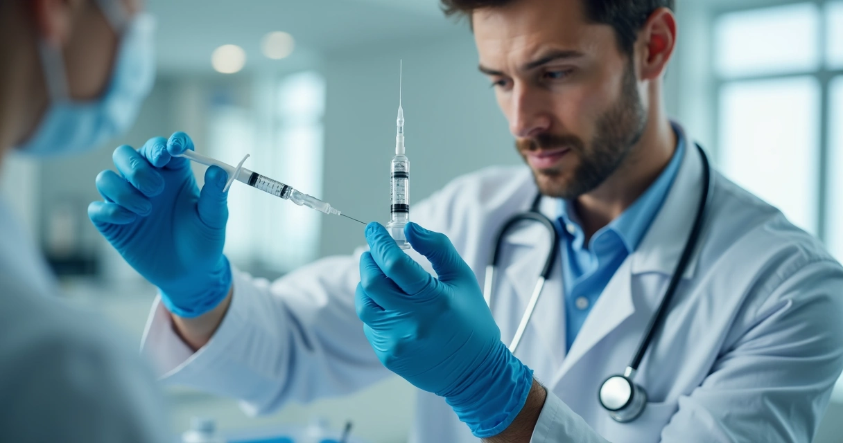 Profissional médico verificando segurança de seringa e material antes do preenchimento peniano 