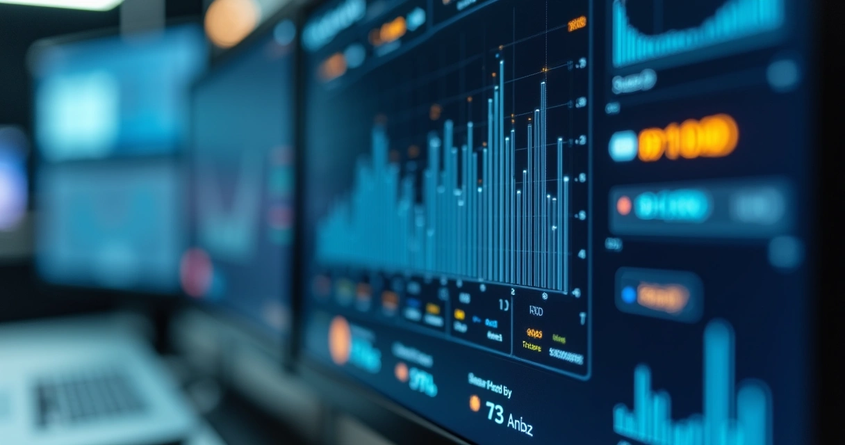 Painel digital com gráficos sobre segurança de dados em automação 