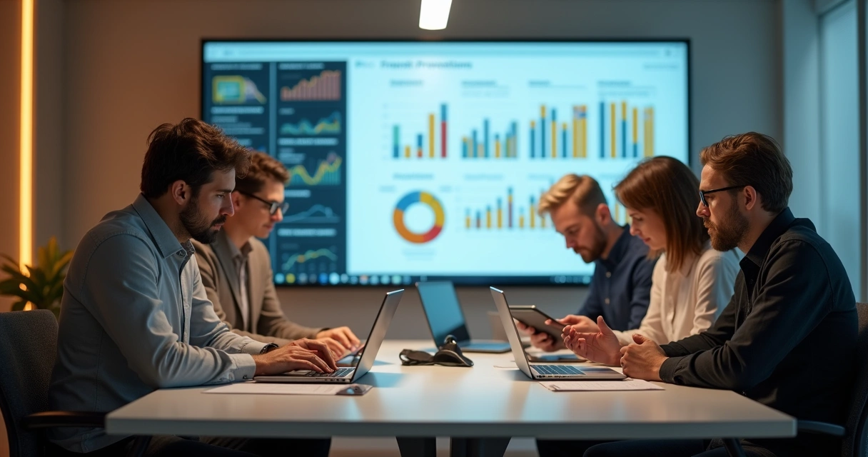 Equipe reunida analisando processos digitais em ambiente de escritório 