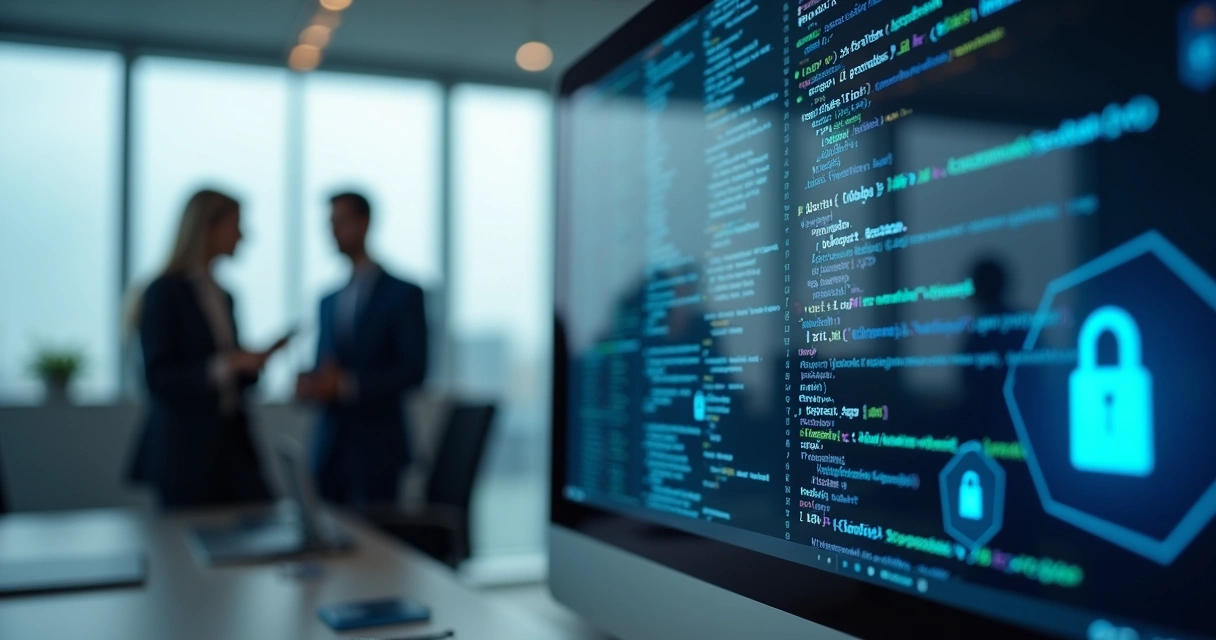 Tela de computador mostrando códigos e prompts de IA em ambiente corporativo 