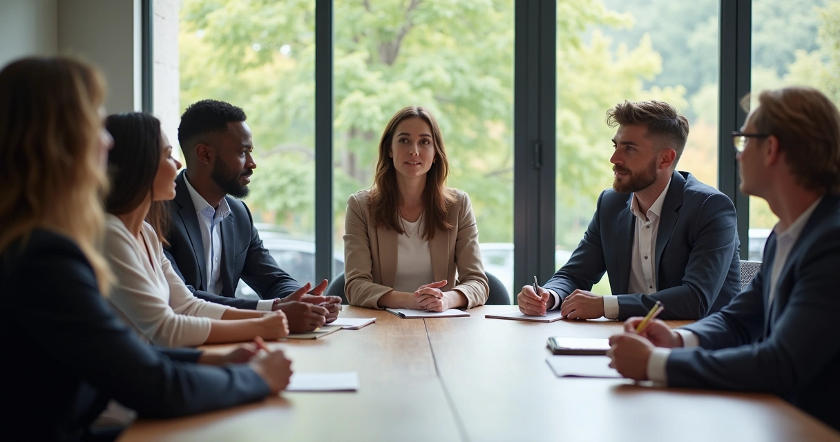 Reunião de equipe ao redor de uma mesa, pessoas conversando com gestos abertos 