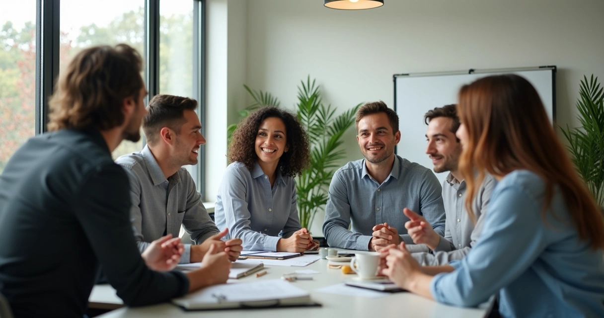 Equipe de trabalho em reunião colaborativa em ambiente corporativo moderno 