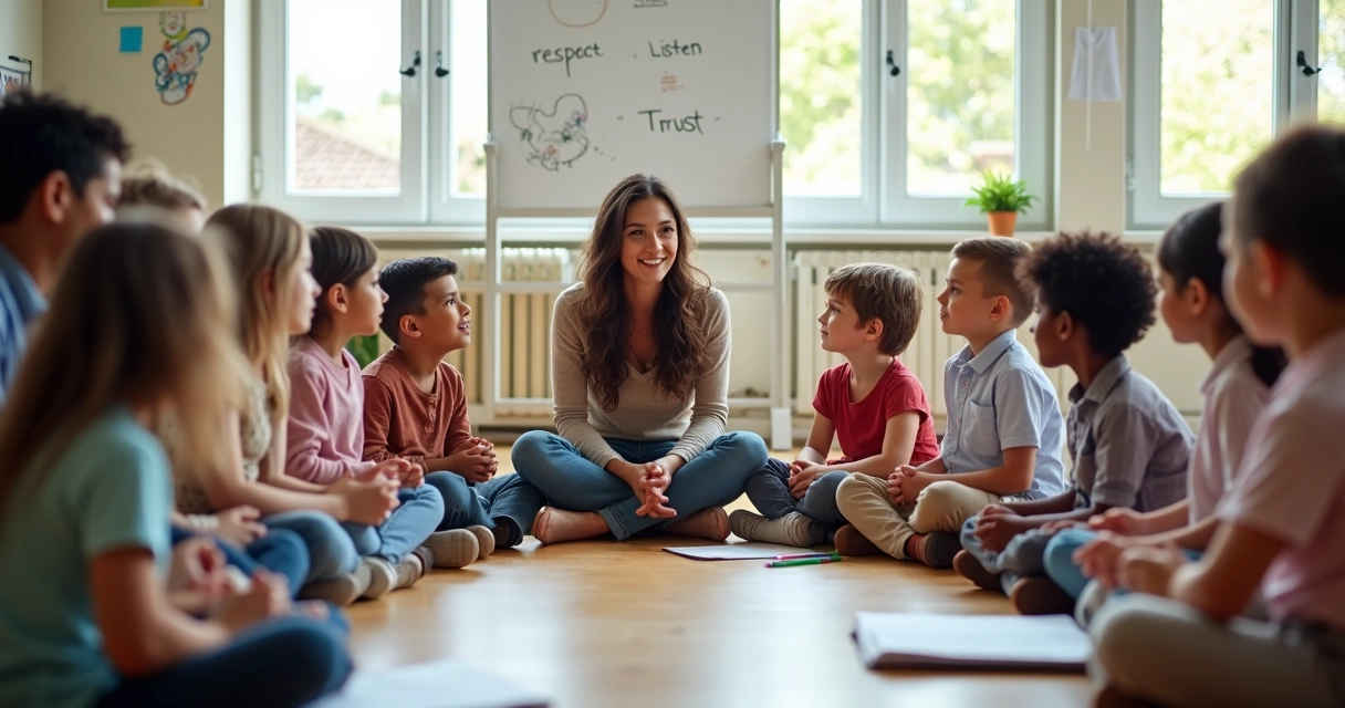 Professora em roda de conversa com alunos em sala de aula acolhedora 