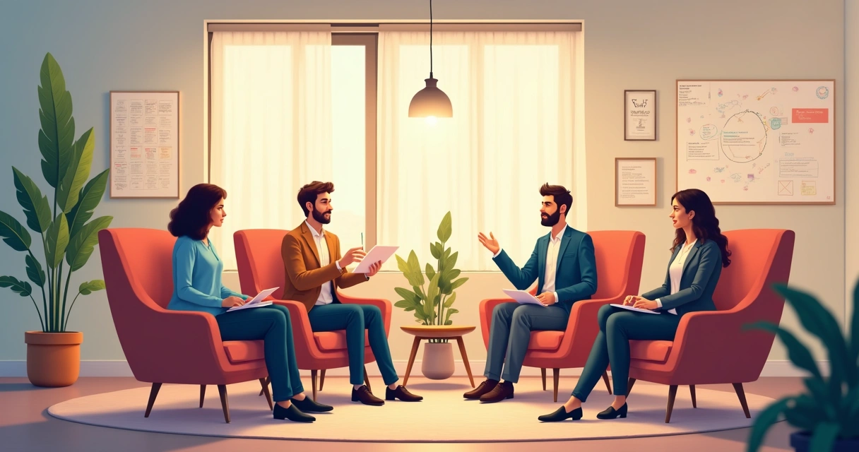 Equipe de trabalho sentada em círculo conversando em ambiente confortável 