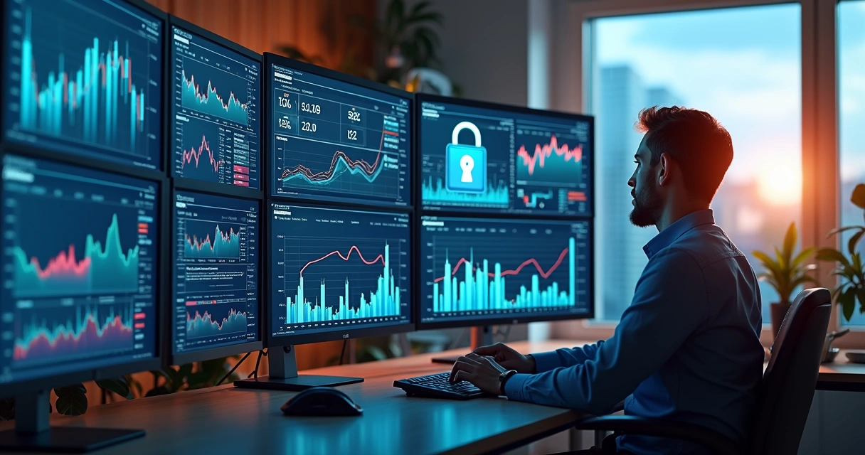 Profissional analisando dados em múltiplas telas, gráficos e ícones de cadeado representando rastreabilidade e transparência financeira 