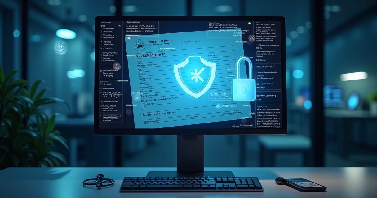 Proteção digital em volta de receita médica eletrônica em tela de computador 