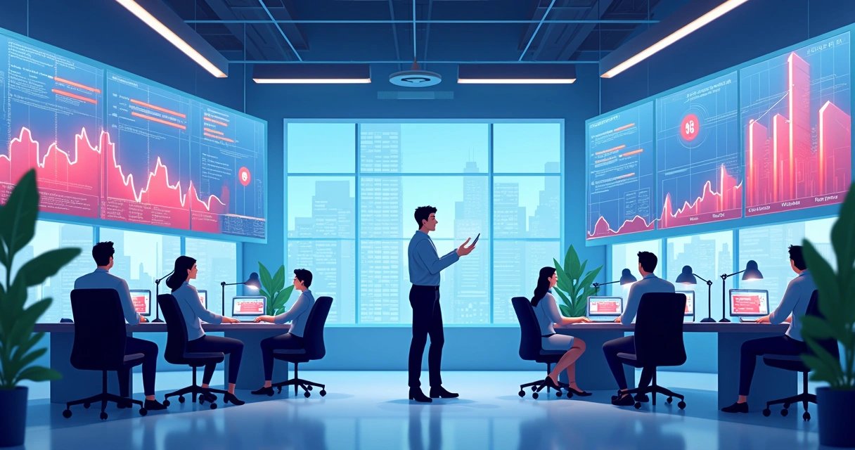 Profissionais de TI monitorando telas com gráficos de rede e alertas