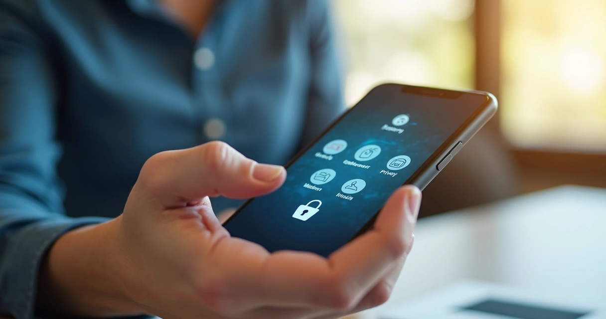 Pessoa configurando privacidade de perfil social em smartphone com ícones de segurança 