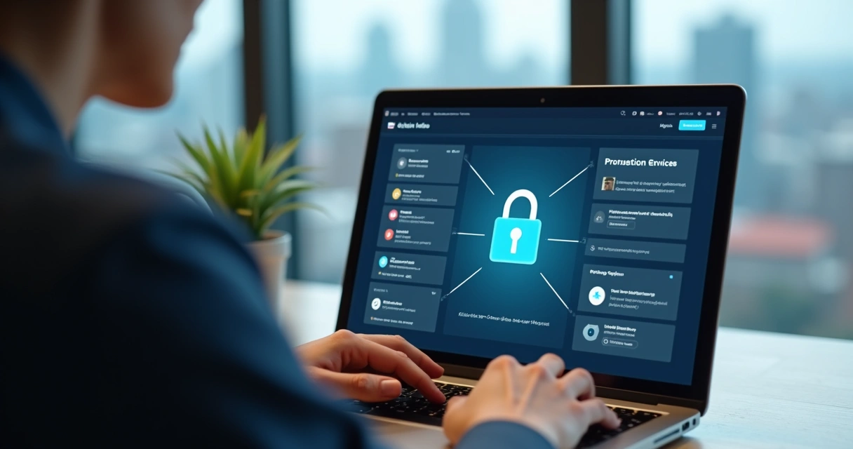 Profissional ajustando configurações de segurança em perfil de redes sociais corporativas 