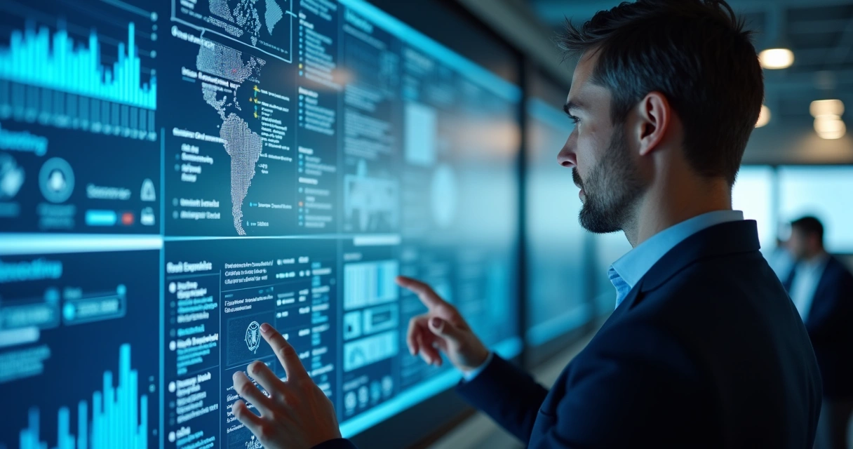 Profissional analisando um painel de redes de TI em ambiente corporativo
