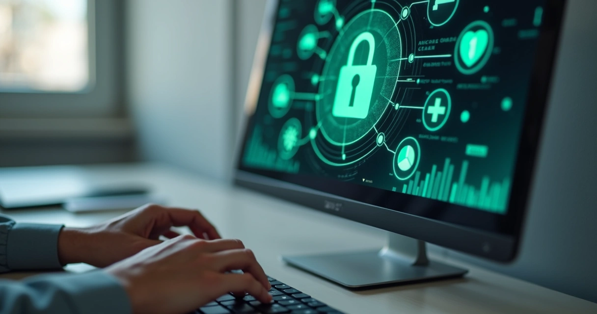 Tela de computador mostrando sistema eletrônico de prontuário médico criptografado 
