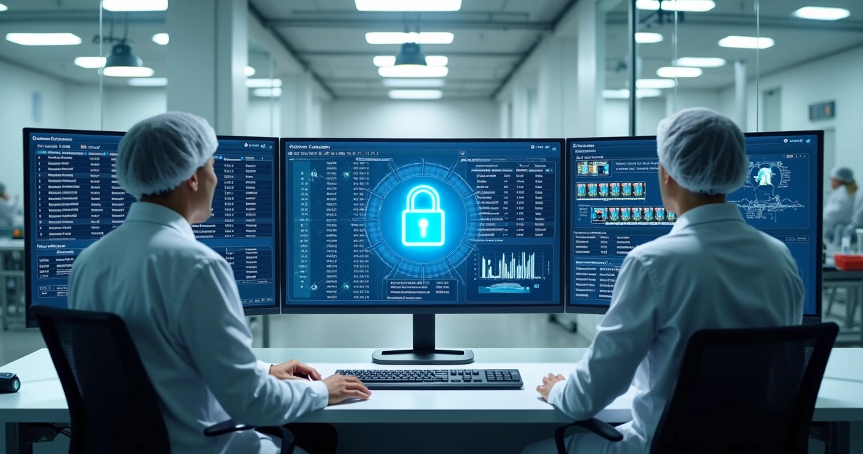 Supervisor de fábrica revisando registros eletrônicos de produção com cadeado digital na tela 