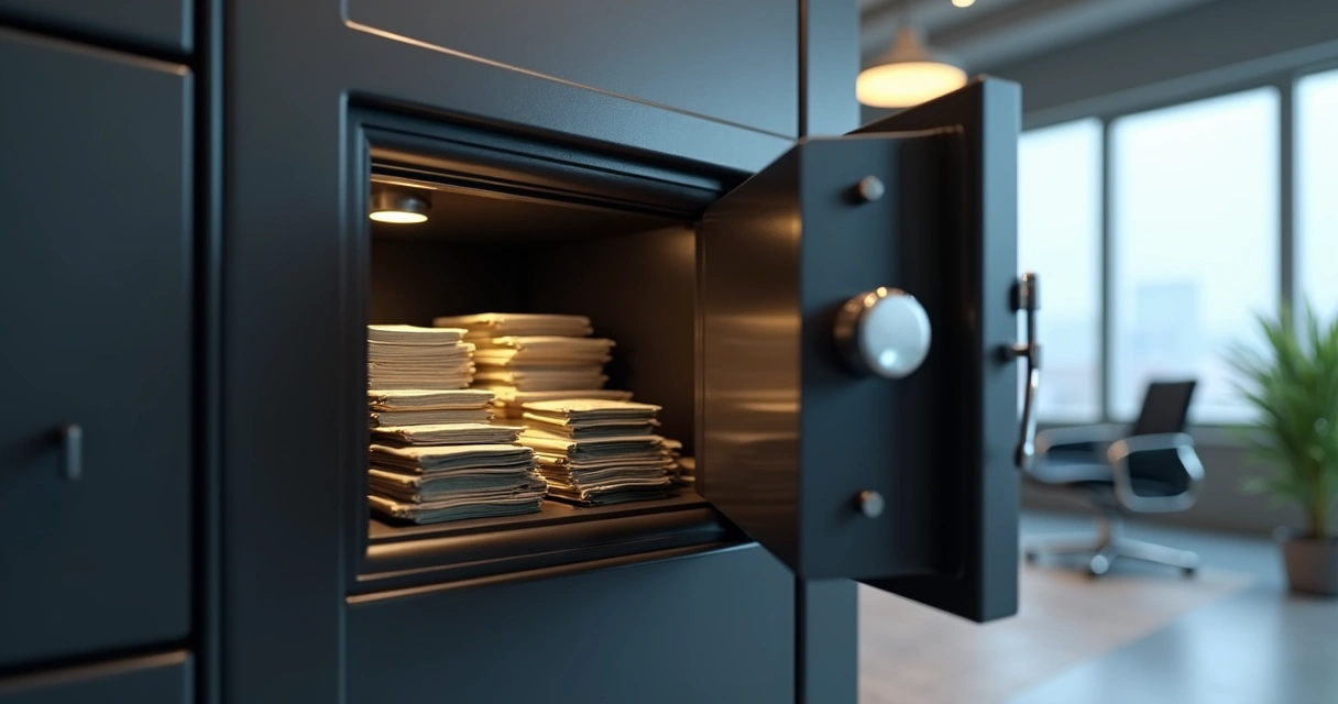 Cofre moderno aberto mostrando dinheiro protegido e documentos importantes 