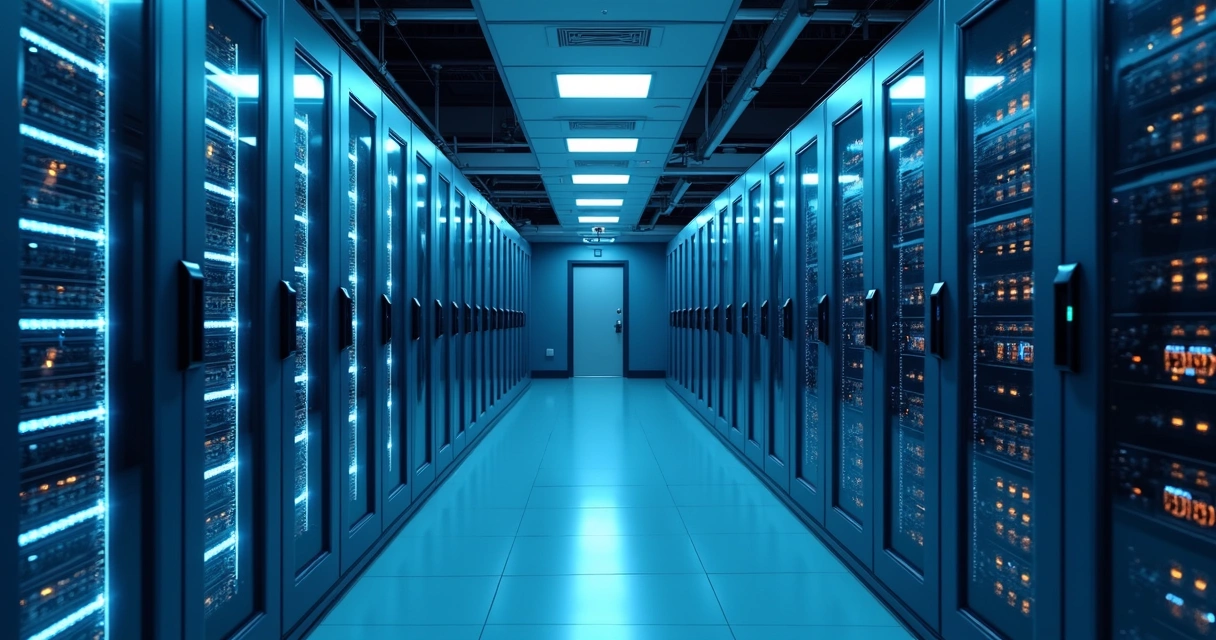 Sala de servidores com luz azul e computadores em funcionamento 
