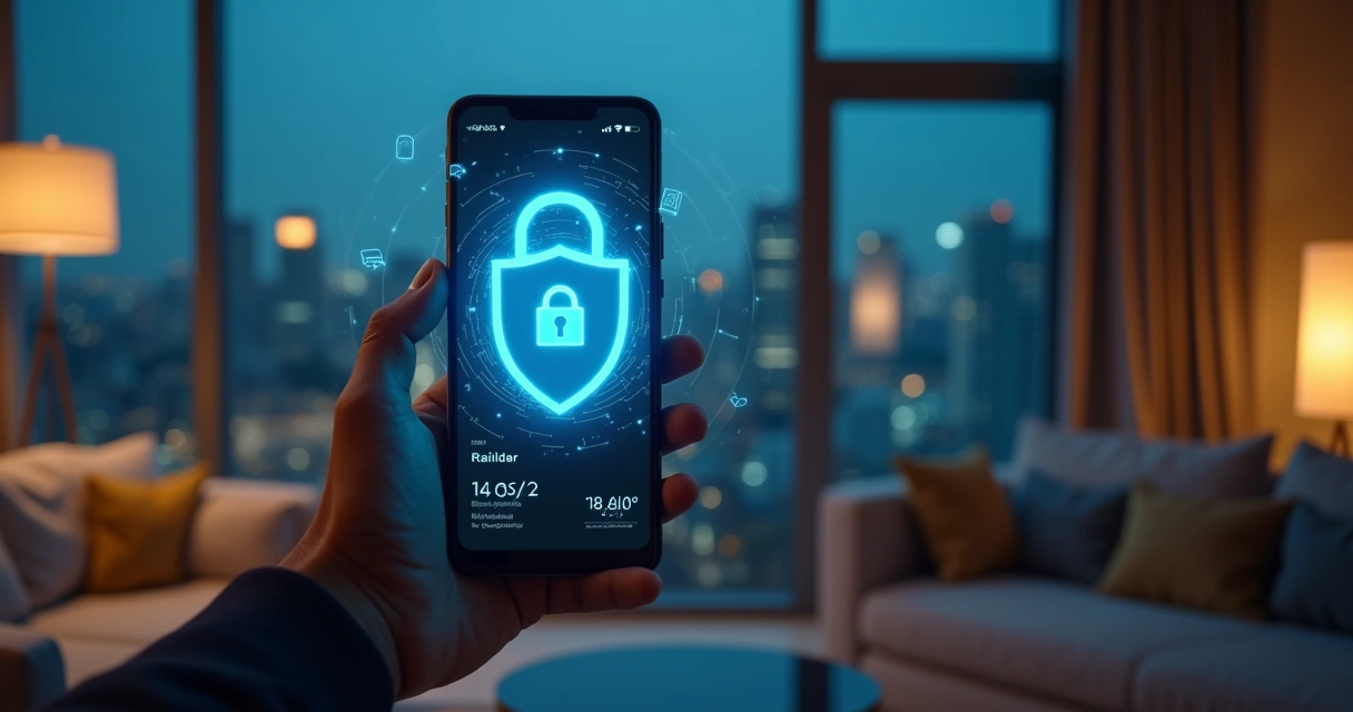 Pessoa segurando smartphone com tela de saque digital e cadeado de proteção ao fundo 