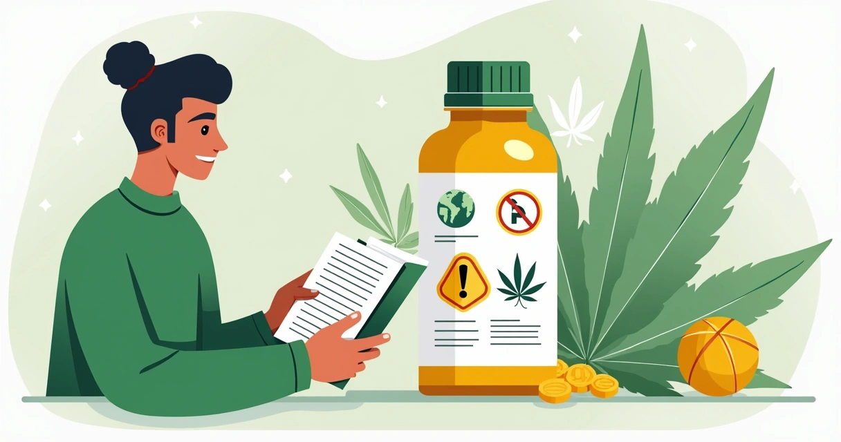 Pessoa olhando embalagem de cannabis com texto sobre segurança e advertências 