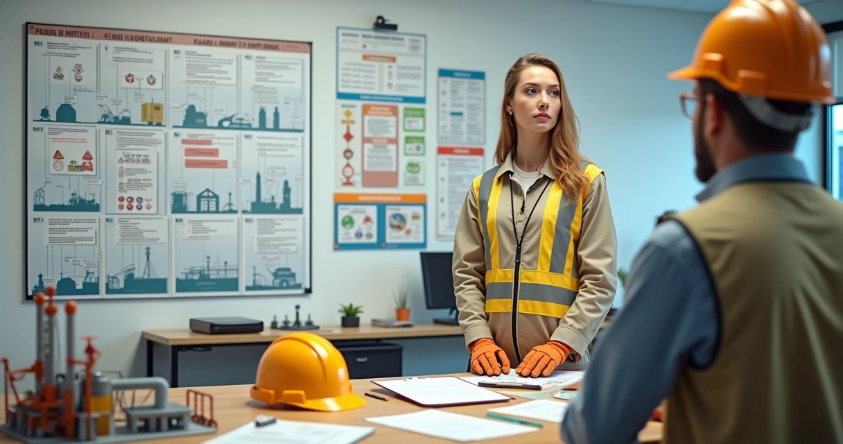 Técnica de segurança analisando painel com normas e EPIs em ambiente de treinamento 