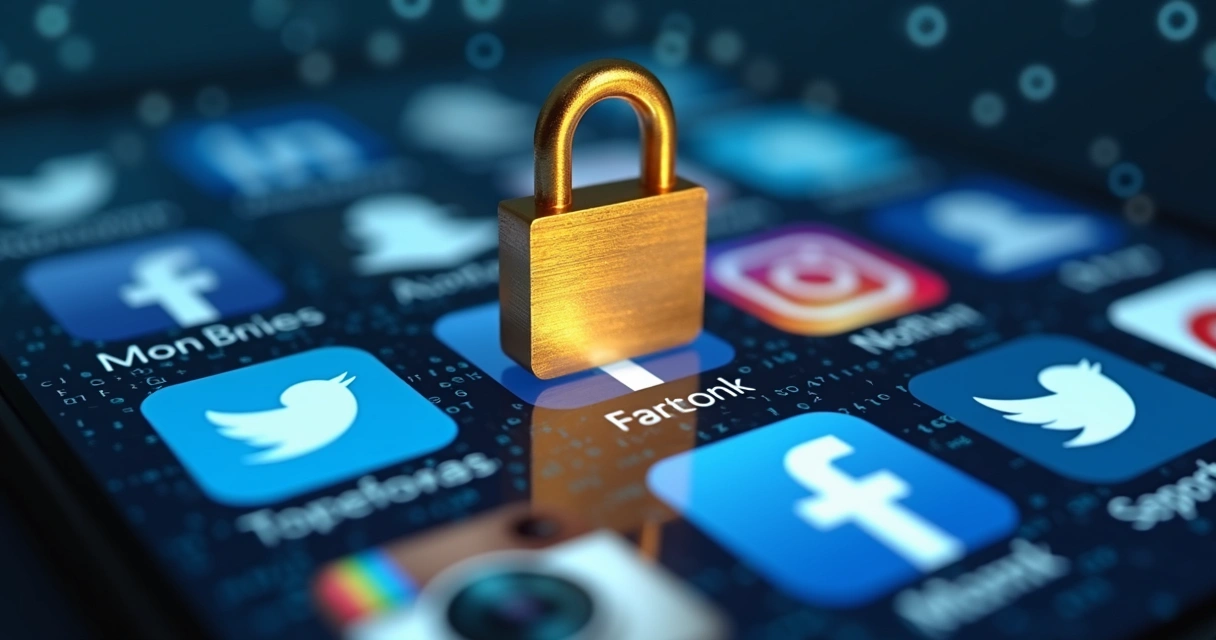 Ilustração de login seguro em redes sociais com ícones e cadeado 