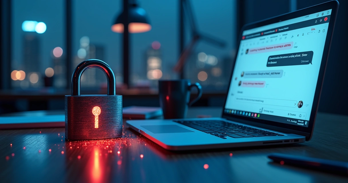 Cadeado digital se rompendo ao lado de conversa de chat com senhas expostas 