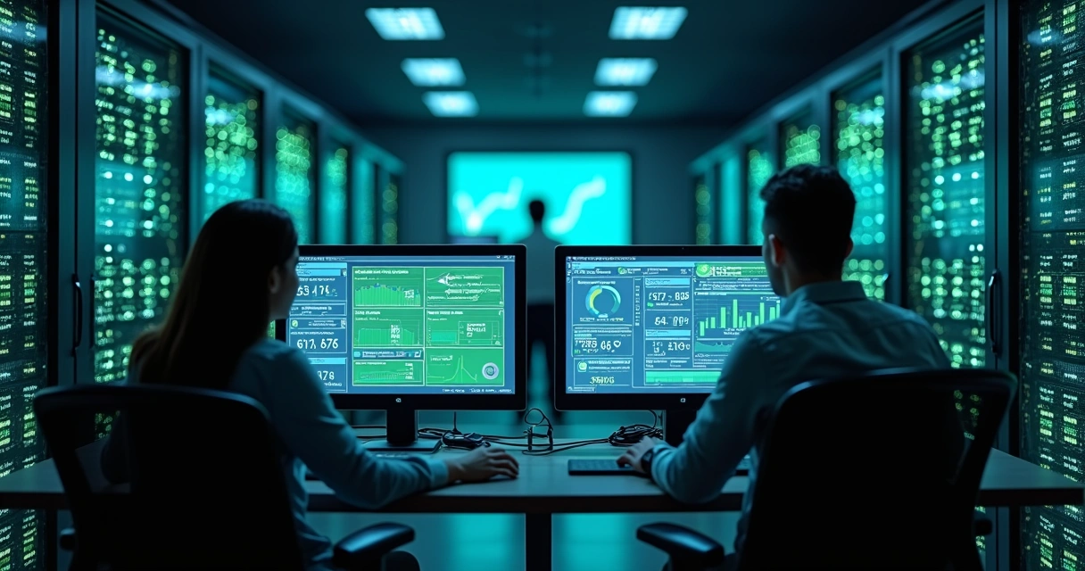 Equipe de TI monitorando servidores em Centro de Dados moderno e seguro 