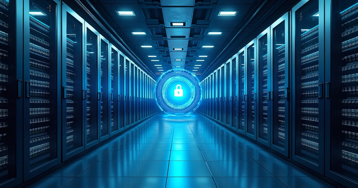 Servidor de TI com luzes azuis e cadeado digital simbolizando proteção 