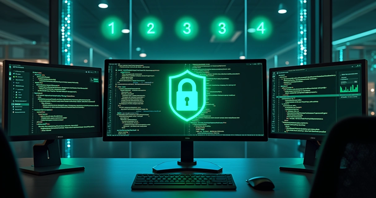 Painel com código da API do WhatsApp e escudo de segurança em destaque 