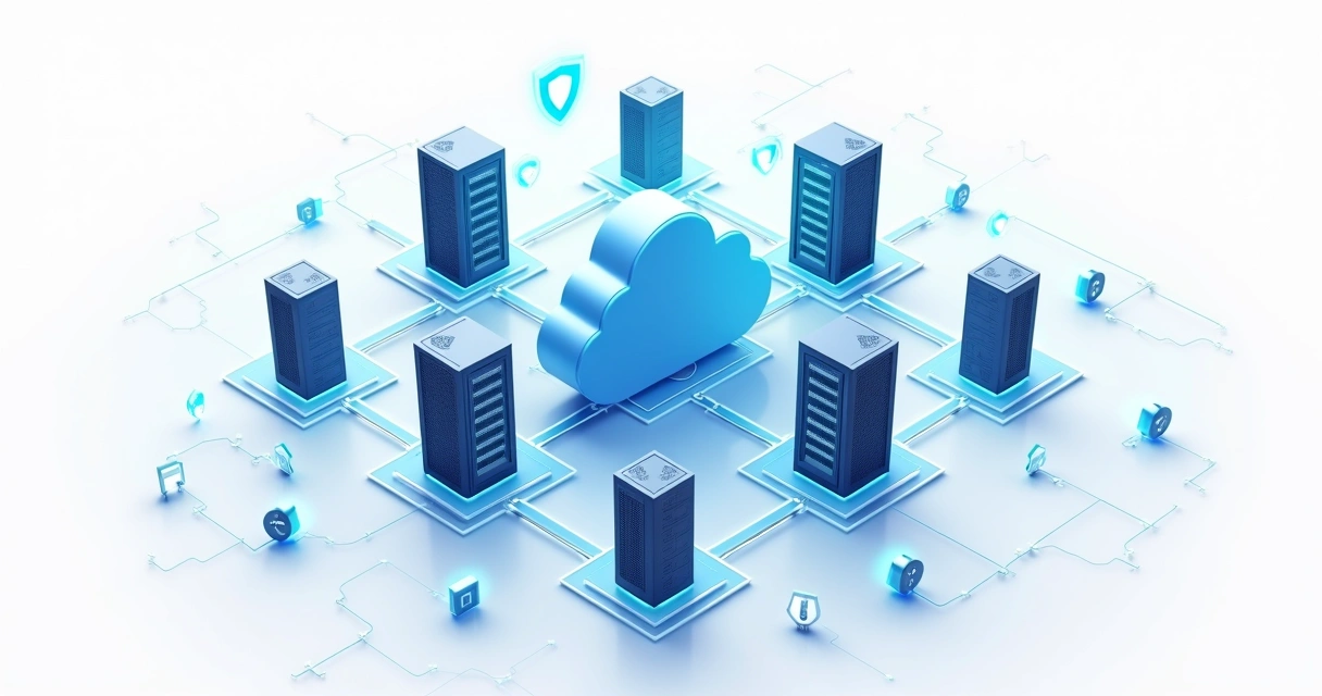 Ilustração de servidores em nuvem com camadas de proteção digital 